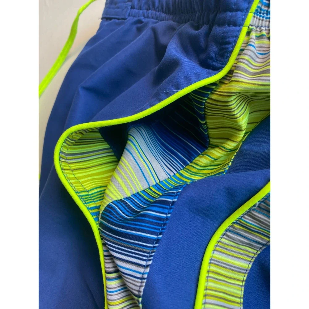Nike Mens Royal Blue Neon Yellow Striped Swim Trunks Mesh Lined Board Shorts M